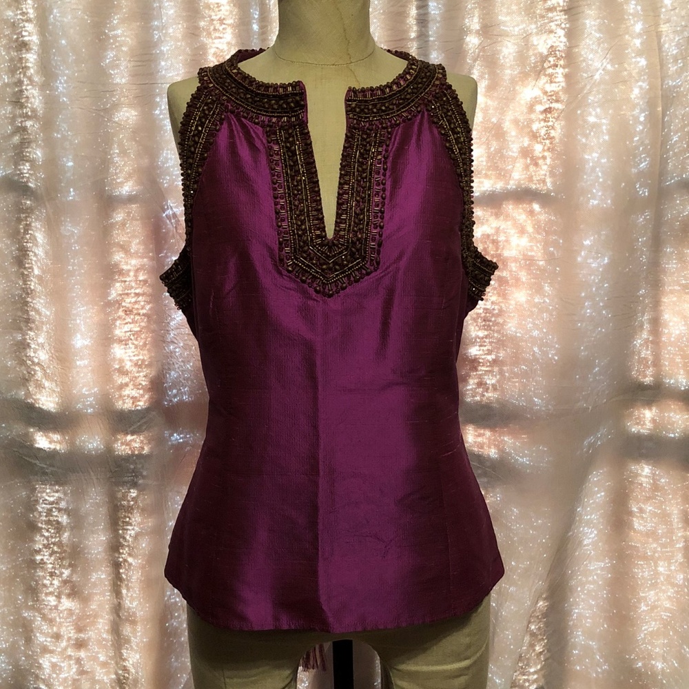 Lafayette 148 New York Pink 100% Silk Beaded Top